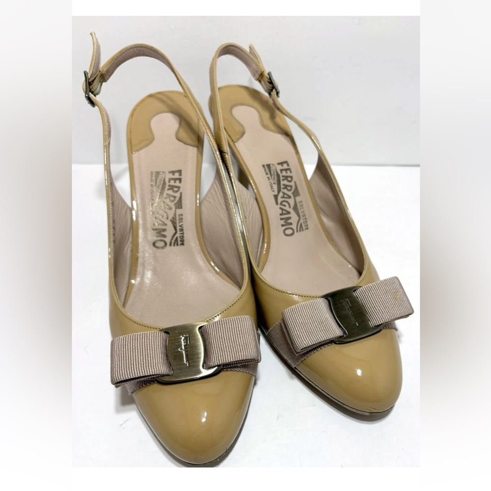 Salvatore Ferragamo Beige Patent Slingback Heels